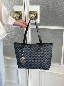 Women's Shoulder Tote Bag, All-Over M Letter Pattern, Durable Composite Fabric, Large Capacity, Campus Bag, Suitable For University Campus - Black - View 8