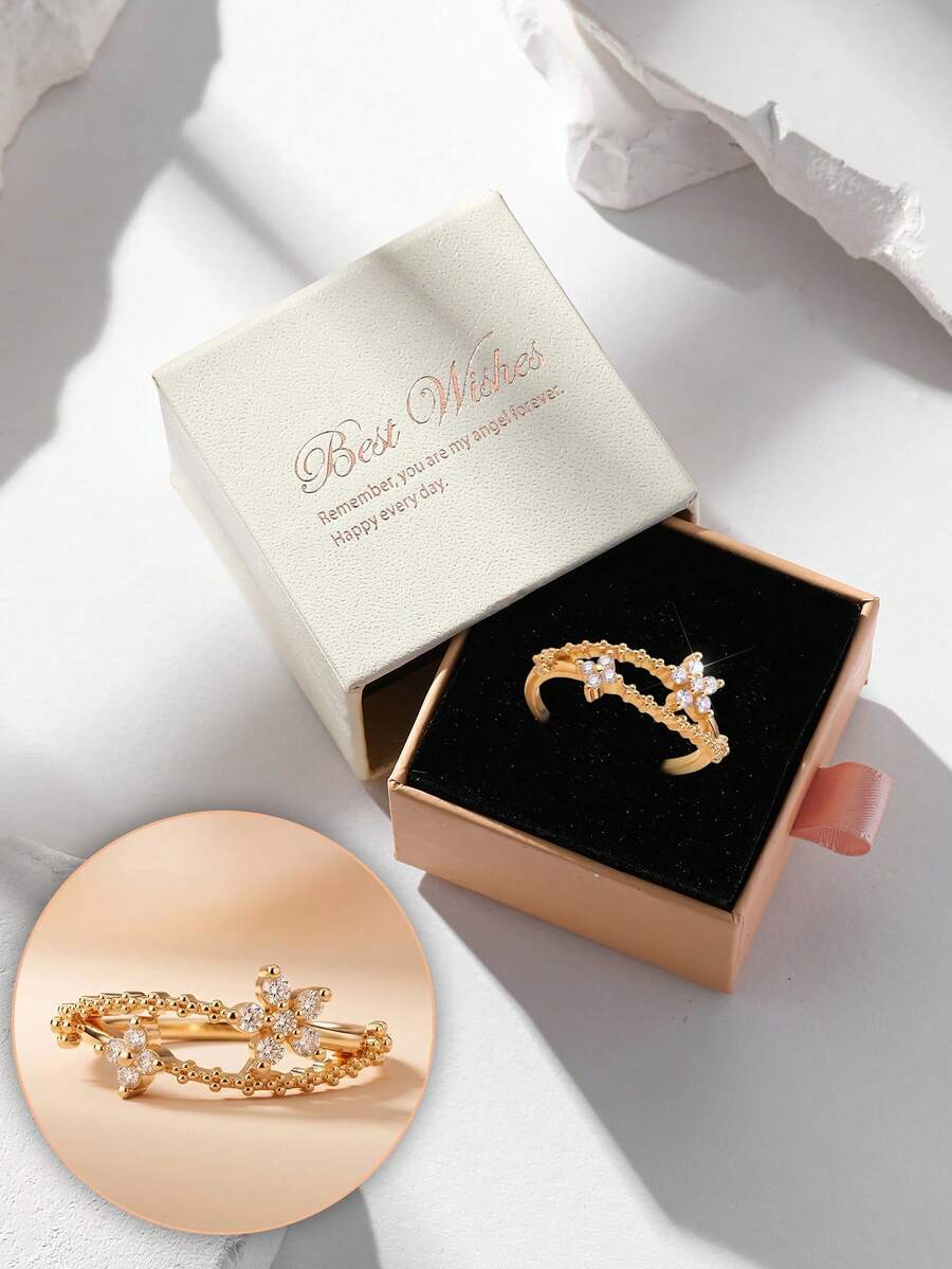 Gift Box Elegant Floral Cubic Zirconia Ring Sweet Fashion Jewelry Non-Fading Hypoallergenic Suitable For Women's Daily Wear Or Holiday Gift - Gold - View 1