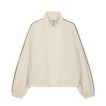 Fashionable Stand Collar Side Stripe Jacket, Casual Loose Long Sleeve Zip-Up Coat, Suitable For Daily Wear - Beige - View 10