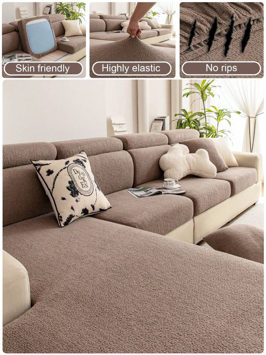 1pc Sofa Cover, Soft Flocked Texture Scratch-Resistant Sofa Pad, Pet-Friendly Skin-Friendly Machine Washable All-Season Furniture Protector - Brown - View 1