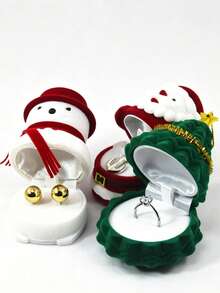 Cute Christmas Themed Jewelry Box, Velvet Ring Earring Storage Box, Festive Santa Snowman Xmas Tree Shaped Gift Box For Proposal Engagement Holiday Gift Giving - Multicolor - View 11