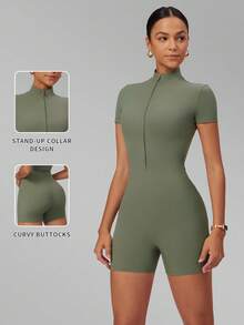 MFVIM Women's Slimming Jumpsuit, Half-Zip Stand Collar Fitted Design, Comfortable Casual Sports Running Outfit, Spring/Summer/Autumn - Mint Green - View 4