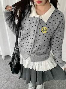 Women's Polka Dot & Musical Note Applique Embroidered Knit Cardigan, Early Autumn Lapel Button-Up Top - Grey - View 5