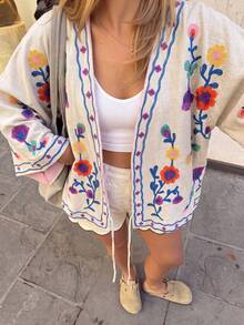 ACKCER Women's Autumn/Winter Bohemian Style Colorful Floral Embroidered V-Neck 3/4 Sleeve Tie-Front Loose Fit Cardigan - Multicolor - View 5
