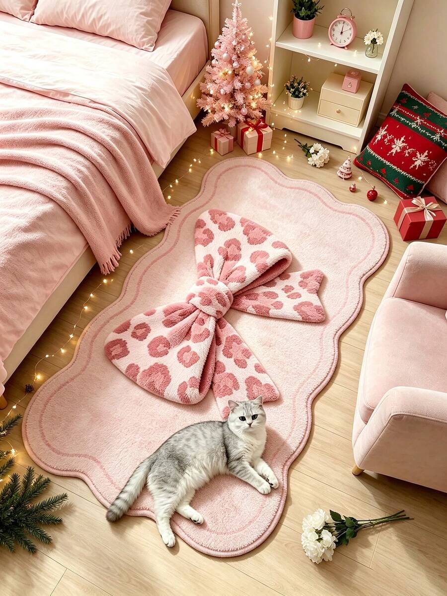 1pc Pink Bow Decorative Rug, Thickened Carpet, Plush Rug, Autumn/Winter Rug, Decorative Rug, Bedroom Decor, Small Rug, Home Decor, Living Room Rug, Living Room Small Rug, Bedroom Rug, Living Room Home Decor, Outdoor Rug, Washable Rug - Multicolor - View 1