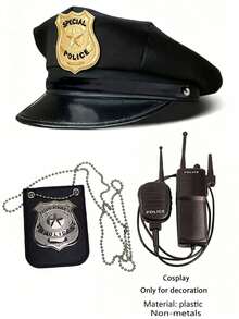 Police Costume Accessory Set For Women, Black Police Hat, Flat Top Octagonal Cap, Tie, Police Badge, Walkie Talkie, Halloween Prop - Black and Gold - View 5