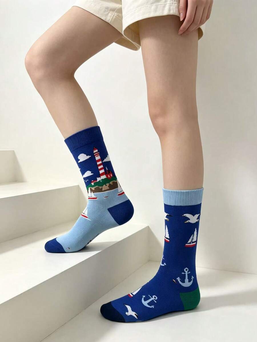 1 Pasang Kaos Kaki Asimetris Wanita Setinggi Betis, Motif Mercusuar, Burung Camar, dan Perahu Layar Gaya Bahari, Kaos Kaki Kasual Desain AB yang Dipersonalisasi - MultiWarna - View 1