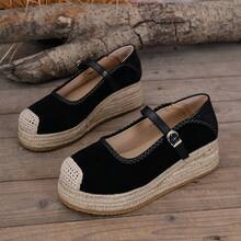Women's Woven Thick Sole Retro Casual Fashion Shoes With Closed Toe And Single Strap Buckle - Black - View 8