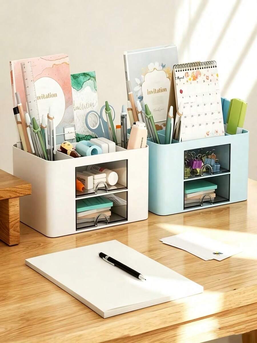 Desktop Organizer With 2 Drawers, Multifunctional Desktop Storage Box, 5 Compartment Desktop Organizer And Storage, Office Desktop Organizer - Multicolor - View 1