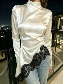 Women Mock Neck Satin Long Sleeve Top, Asymmetrical Hem Contrast Lace Trim Ruched Slim Elegant Blouse - Apricot - View 5