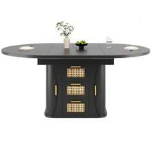 Extendable Dining Table With Storage, 118–158 Cm Table With Rattan Drawers, MDF Wood Effect, Black/Natural Wood/Brown - Black - View 1