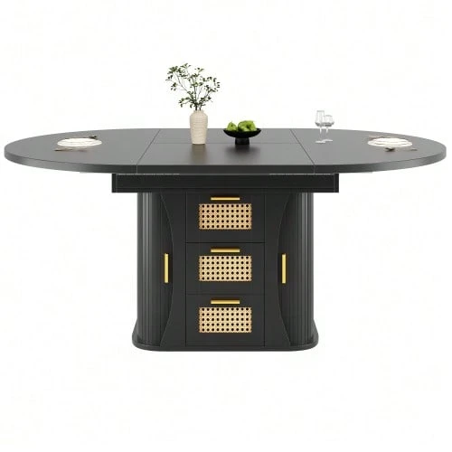 Extendable Dining Table With Storage, 118–158 Cm Table With Rattan Drawers, MDF Wood Effect, Black/Natural Wood/Brown - Black - View 1