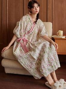 女款大尺碼花卉和服睡袍－甜美卡通印花，寬鬆夏季睡裙家居服，V領短袖綁帶設計，輕盈聚酯纖維，適合休閒居家穿著 - 粉色 - 查看 1