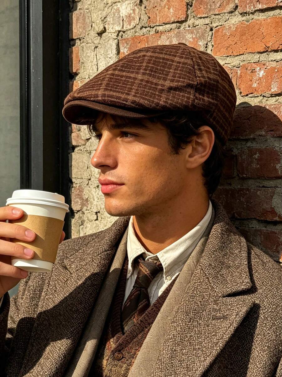 1pc Men's Vintage Plaid Wool Newsboy Cap, Fashionable Artistic Painter Newsboy Hat, Suitable For Daily Street Wear - Vintage Plaid - View 1