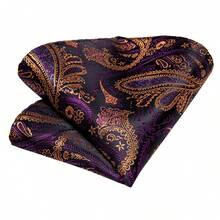 Black & Purple Gold Paisley Pattern Men's 4-Piece Tie Set With Pocket Square, Cufflinks, Gold Tie Clip, Evening Party Accessories - Purple - View 5