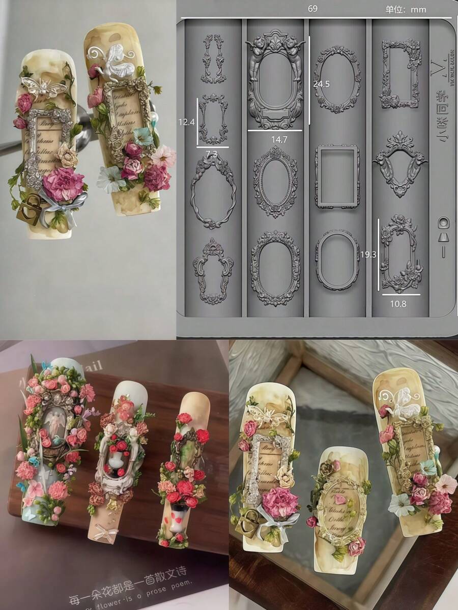 قطعة واحدة قالب سيليكون ثلاثي الأبعاد DIY لفن الأظافر بتصميم إطار ملاك زهري عتيق على الطراز الأوروبي - شفاف - مشاهدة 1