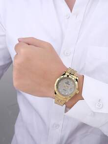 RICECGO 1pc Business Gold Men's Quartz Watch - Gold - View 9