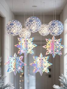 9pcs Blue And White Chinese Style Paper Lanterns With Porcelain Pattern, Laser Snowflake Hanging Decoration Set, 3D Holographic Snowflake Pendant Decor For Winter Christmas New Year Wedding Birthday Party Backdrop - Blue and White Porcelain Snowflake Ornament Set - View 1