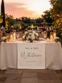 1pc Customized Wedding Tablecloth, Linen Tablecloth, Bride & Groom Reception Area Decoration Banner, Elegant Fabric Sign, Anniversary Customized Wedding Welcome Banner, Wedding Tablecloth, Personalized Striped Linen Bar Event Sign, Bar Event Banner, Customizable Name & Date, Wedding Gift, Welcome Gift, Bridal Shower - Multicolor - View 3