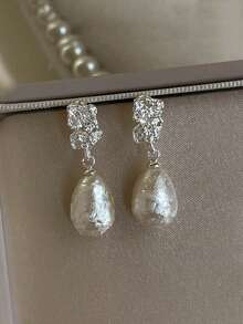 1 Pair French Vintage Asymmetrical Geometric Pearl Teardrop Ear Clips, Suitable For Women's Daily Commute Wear - Silver - View 5