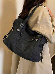Vintage And Large Capacity Tote Bag, Decorated With Star Rivets And Adjustable Crossbody Shoulder Strap, Perfect For Shopping And Outings - Black - View 3