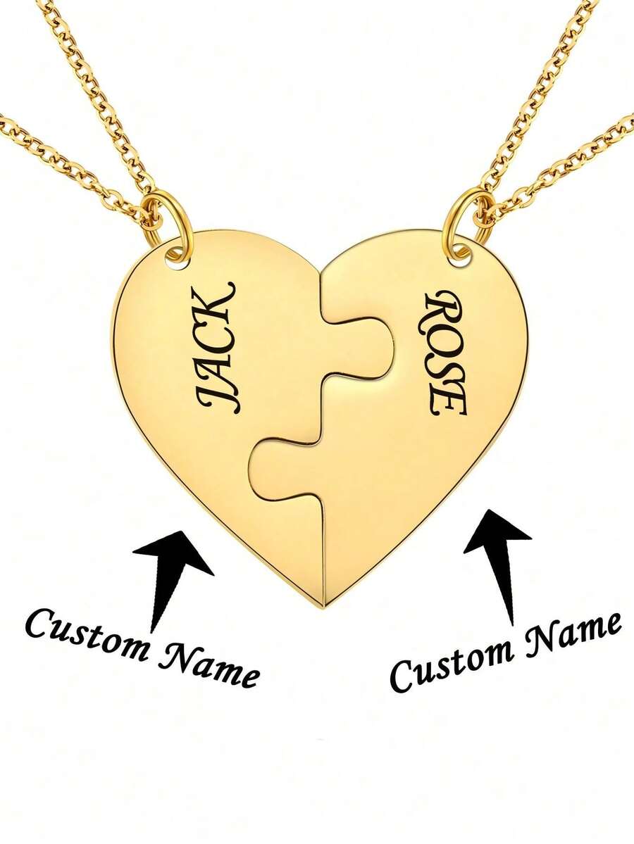Personalized Engraved Name Necklace, Stainless Steel Puzzle Pendant, Customizable 2/3/4 Hearts Rings With Name And Date, Anniversary Gift - Multicolor - View 1