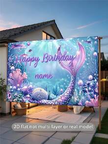 可客製化姓名夢幻美人魚主題生日背景布，紫色漸層珍珠魚尾、珍珠與珊瑚裝飾設計，適用美人魚主題生日派對、蛋糕砸碎背景裝飾攝影道具乙烯基 - 紫色 - 查看 5