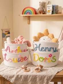 Personalized Storage Basket Customized Name Handmade Rope Woven Basket Baby Room Toy Organizer Foldable Large Capacity Pink Nursery Room Decor - Multicolor - View 8