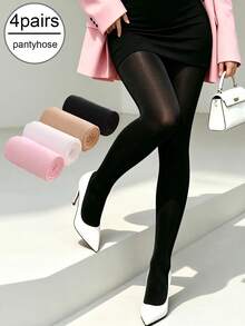 4 Pairs Women's Opaque Velvet Tights, High Elasticity Solid Color High Waist Pantyhose, Daily Office Party Outfit Socks - Multicolor - View 7