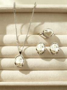 4pcs/Set Fashion Elegant Rayqueen Asymmetrical Baroque Pearl Earrings, Ring, Pendant Necklace Jewelry Set, Suitable For Daily Wear And Parties - Silver - View 9
