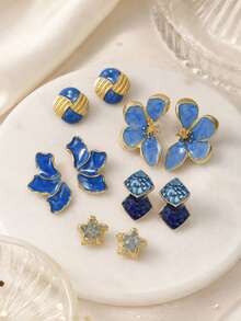 5 Pairs Vintage Multicolor Earrings Set, Gold-Trimmed Floral & Geometric Stud Earrings For Women - Multicolor - View 4