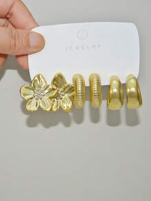 6/18pcs Gold Flower Earrings Set, Textured Water Drop C-Shaped Hoop Earrings, Metallic Mixed Layering Style, Women's Daily Party Fashion Jewelry Gift - Gold - View 12
