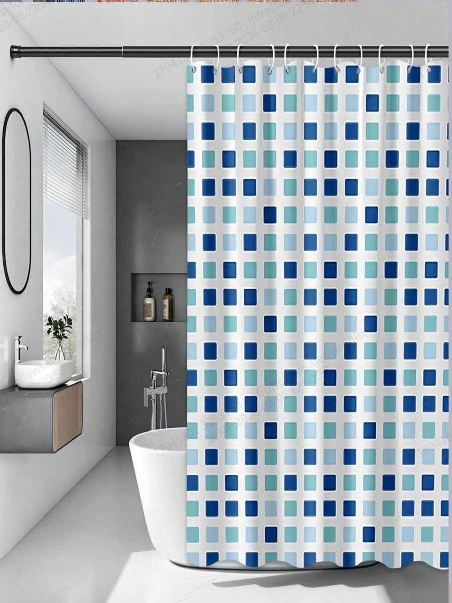1pc PEVA Printed Waterproof Shower Curtain With Hooks, Blue & Green Plaid Bathroom Shower Curtain, Mildew-Resistant Dry & Wet Separation, Home Decor - Multicolor - View 1