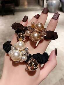 1/2 Pcs Fashion Elastic Faux Pearl Hair Ties,Soft Pleats With Faux Pearl Embellishment, - Multicolor - View 2