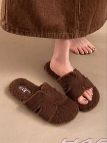 Women's New Winter Fuzzy Slippers, Outdoor Wear, Autumn New Fairy Style Slip-On Sandals, Spring/Autumn Indoor Home Office Brown Slippers - Coffee Brown - View 2