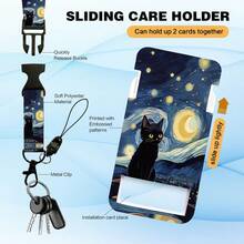 Personalized ID Set With Lanyard, Featuring A Retractable ID Holder, Retractable Clip, And Detachable Neck Lanyard, Vertical Design - Suitable For Women, Nurses, Doctors, Students, And Teachers (Starry Night Black Cat) - Starry Night Black Cat - View 4