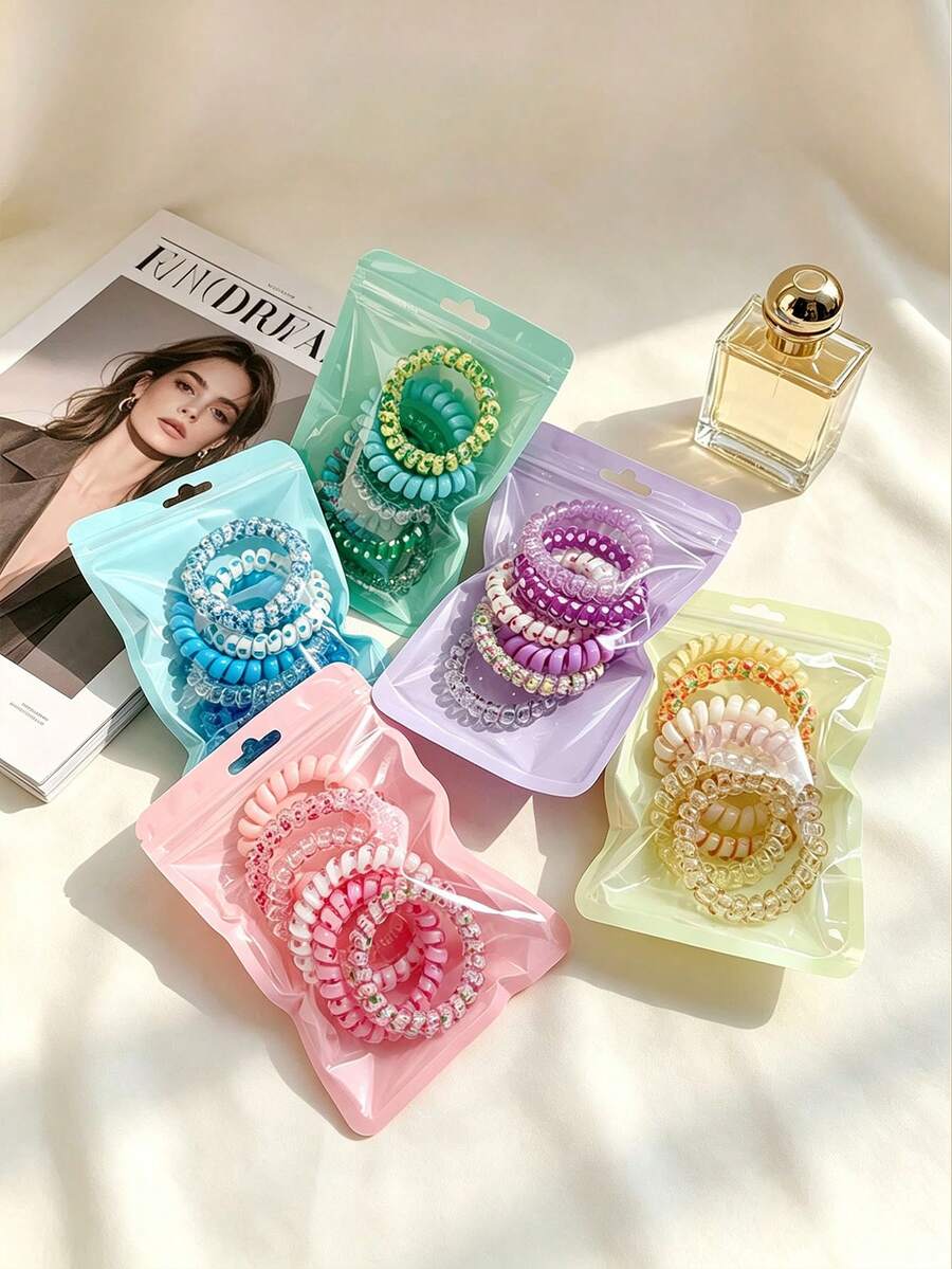 30pcs Multicolor Sweet Cool Style Dopamine Kids Spiral Hair Ties, Can Be Worn As Bracelets, Transparent Printed Girls Hair Accessories Elastic Bands - Multicolor - View 1