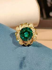 Luxury 18K Gold Plated French Court Style Hollow Design Round Green Zirconia Adjustable Women's Evening Party Ring - Green - View 4