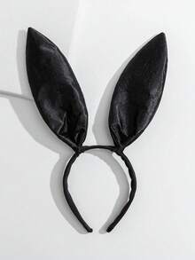 1 chiếc băng đô tai thỏ satin cá nhân hóa cho tiệc lễ hội Halloween, phù hợp làm phụ kiện hóa trang ngày lễ - màu đen - Xem 1