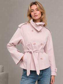 Women's Short Trench Coat, Double-Breasted With Tie Belt And Epaulettes, Suitable For Daily Commute And Vacation - Pink - View 1