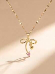 1pc Sweet Delicate Pink Heart & Bow Pendant Gold Necklace For Party Prom Anniversary Date Mother's Day Wedding Valentine's Day Gift For Daily Life - Gold - View 4