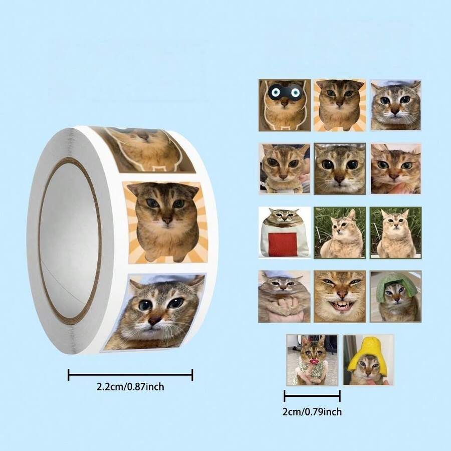 Novelty Save Meimei Cat Meme Sticker Roll, Funny Cat Meme Decorative Decals, DIY Scrapbooking Laptop Phone Luggage Stationery Stickers, Unique Gift For Cat Enthusiasts - Multicolor - View 1
