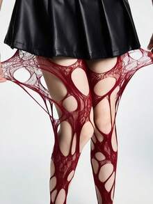1pc Women's Distressed Hollow Fishnet Stockings, Gothic Punk Alternative Fashion, Suitable For Nightclub And Party Occasions - Red - View 1