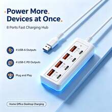 8 Port USB Fast Charging Station, 4 Type-C PD + 4 USB-A Multi-Port Power Hub (With Built-In Cables), Compact Desktop Charger, Space-Saving Charging Adapter, Can Charge Phones, Tablets And Other Electronic Devices Simultaneously - Multicolor - View 1