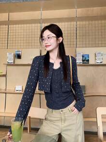 Floral Knit 2 Pieces Set Black & Grey Autumn/Winter Gorgeous Short Knit Cardigan & Tank Top - Navy Blue - View 3