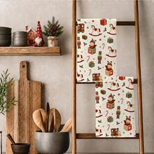 2PCS Kitchen Towels Vintage Christmas Theme Print 40*60cm Retro Style Rectangular Microfiber Kitchen Towels, Dish Cloths, Tablecloths, Hand Towels, Christmas Kitchen Decor, Home Decor, Neighbor Housewarming Gift, Perfect For Kitchen And Bathroom Use, Suitable For Housewives And Family Gathering Gifts, Great Value, Household Essential - White - View 2