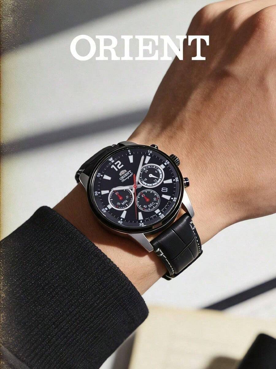 Orient Men's Silver-Tone Quartz Watch, Black Dial, Red Accent Hands, Large Number Markers, Contrast Stitching Black Leather Strap, Casual Aviator Style Wristwatch - Black - View 1
