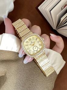 1件時尚金色方形石英女款腕錶 大金盤 鑲鑽錶殼 羅馬數字刻度 適合日常穿著與派對 - 金色 - 查看 3