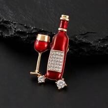 Vintage Enamel Wine Bottle & Goblet Brooch, Clear Rhinestone Inlaid Lapel Pin, Alloy Decorative Badge For Coat Scarf Fashion Jewelry Gift - Red - View 4