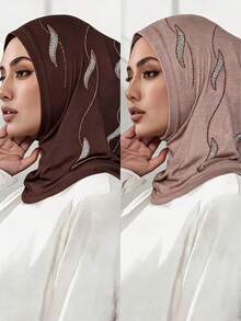 2pcs/Set Women's Fashionable Exquisite Muslim Hijab Headscarf, Silky Cotton Super Soft Fabric, Rhinestone Craft, Middle Eastern Home Fashion Headscarf - 2-pack Mercerized Cotton Rhinestone Headband, Multi-color - View 3